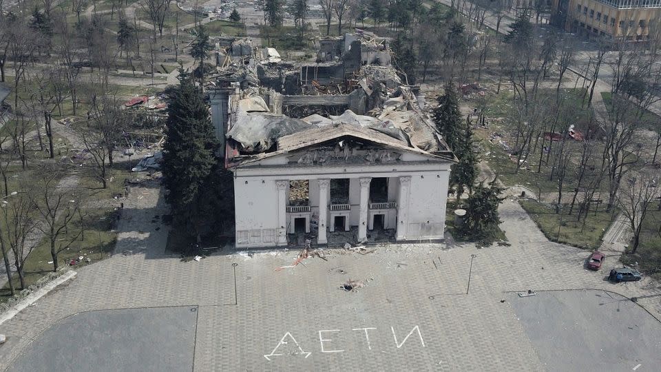 A view shows the building of the Mariupol Drama Theater destroyed in the course of Ukraine-Russia conflict. - Pavel Klimov/Reuters