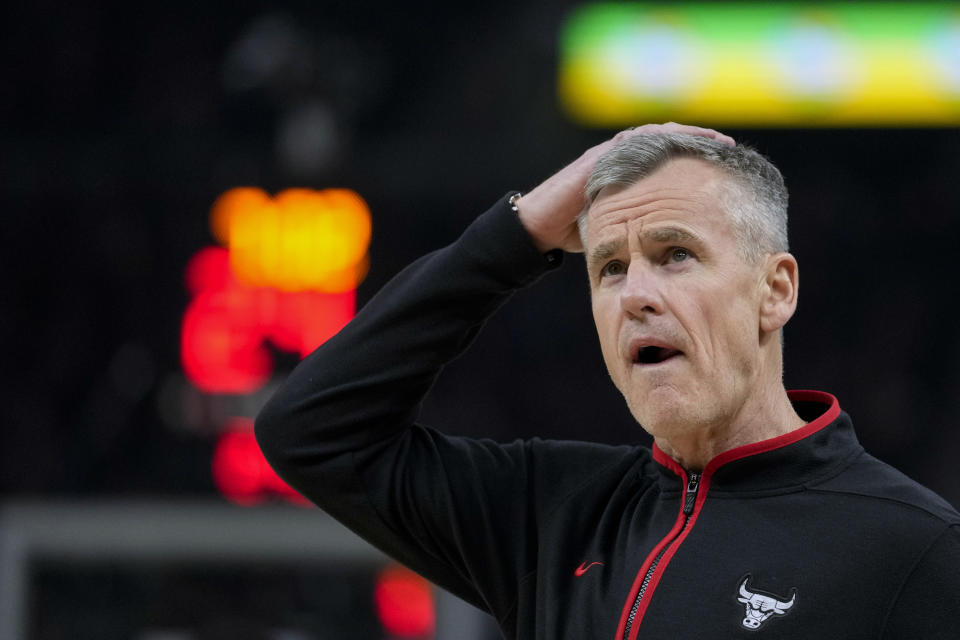 Chicago Bulls coach Billy Donovan reacts during the first half of the team's NBA basketball game against the Golden State Warriors, Thursday, March 7, 2024, in San Francisco. (AP Photo/Godofredo A. Vásquez)