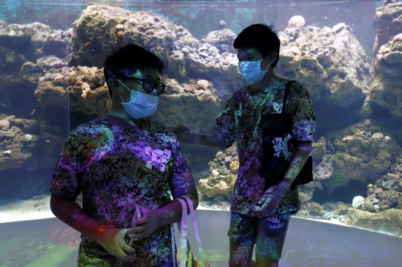 Visitors tour the Xpark Aquarium on its opening day while wearing protective masks to prevent the spread of the coronavirus disease (COVID-19) in Taoyuan