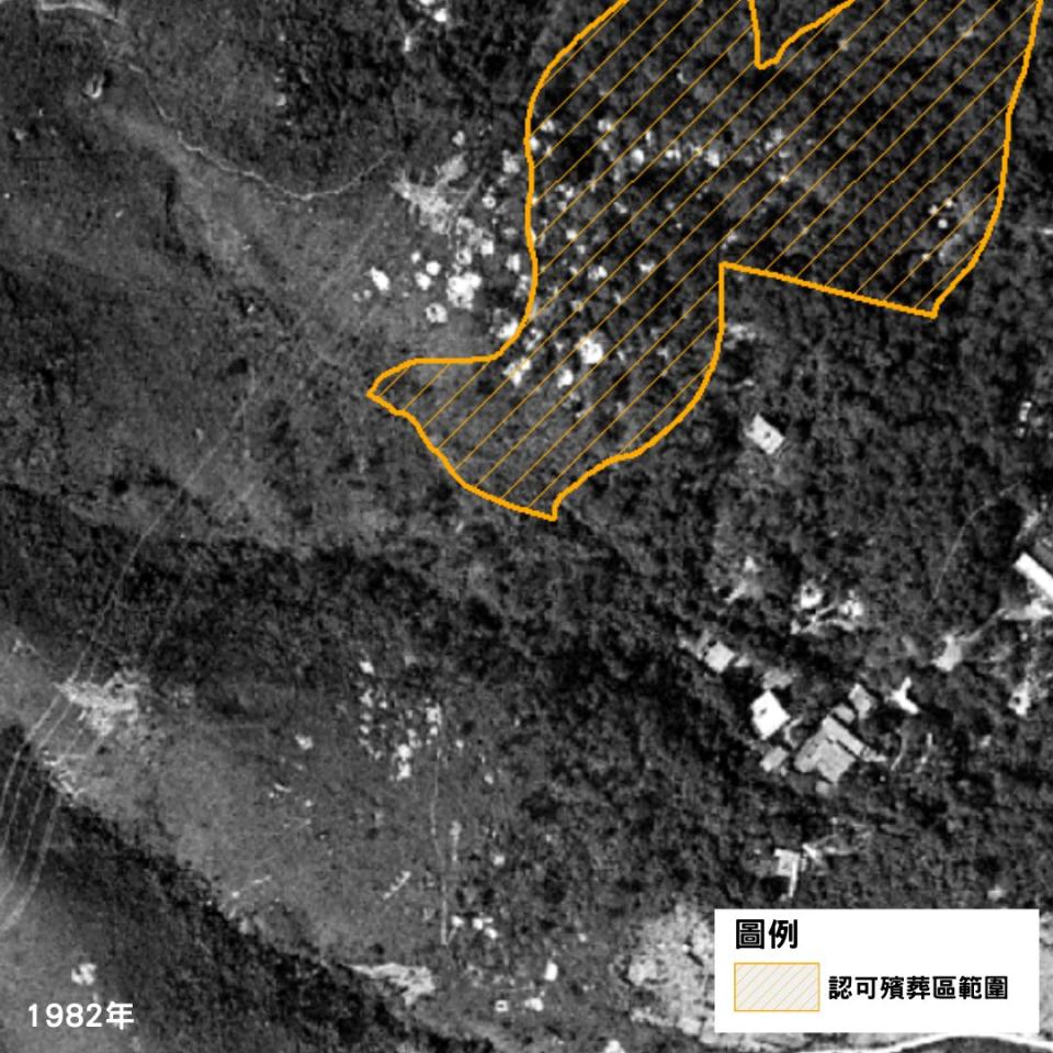 衛星地圖顯示，環山路荷石精舍以西山頭的「認可殯葬區」外於1982年只有數個疑似界外墳頭，下方亦未現墳頭群。（本土研究社製圖）
