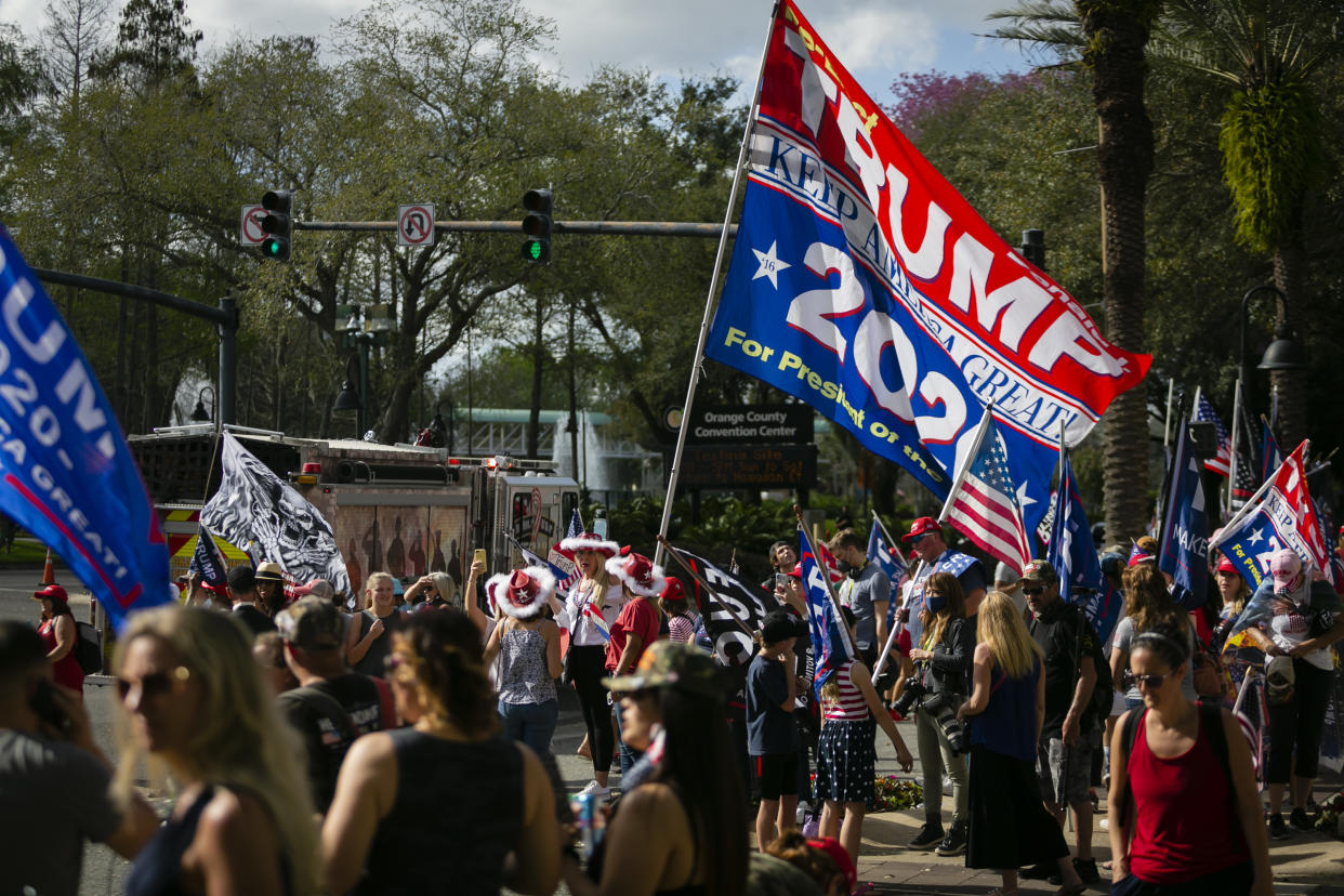 FLORIDA, USA - FEBRUARY 28: Supporters of former U.S. President Donald Trump are seen outside the Hyatt Regency Hotel during Conservative Political Action Conference, in Orlando, Florida, United States on February 28, 2021. (Photo by Eva Marie Uzcategui Trinkl/Anadolu Agency via Getty Images)