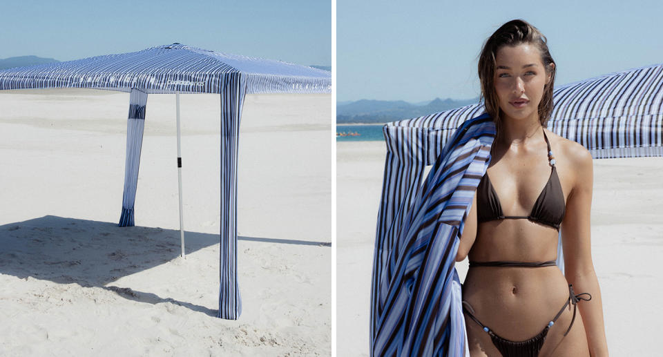 CoolCabanas beach shelter; Model in bikini in front of beach shelter