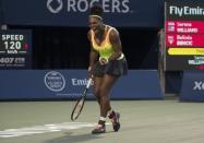 Aug 15, 2015; Toronto, Ontario, Canada; Serena Williams of the USA celebrates winning a point in her semi final match against Belinda Bencic of Switzerland (not pictured) during the Rogers Cup tennis tournament at the Aviva Centre. Belinda Bencic won 3-6 7-5 6-4. Mandatory Credit: Nick Turchiaro-USA TODAY Sports