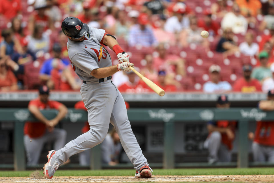 St. Louis Cardinals' Paul Goldschmidt hits a solo home run during the sixth inning of a baseball game against the Cincinnati Reds in Cincinnati, Sunday, July 24, 2022. (AP Photo/Aaron Doster)