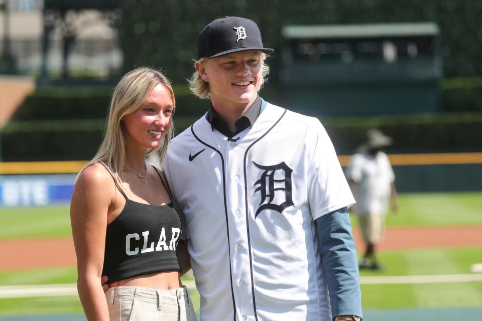 Tigers first-round draft pick Max Clark pose for a photo with his girlfriend, Kayli Farmer, before a game between Tigers and Padres at Comerica Park on Friday, July 21, 2023.