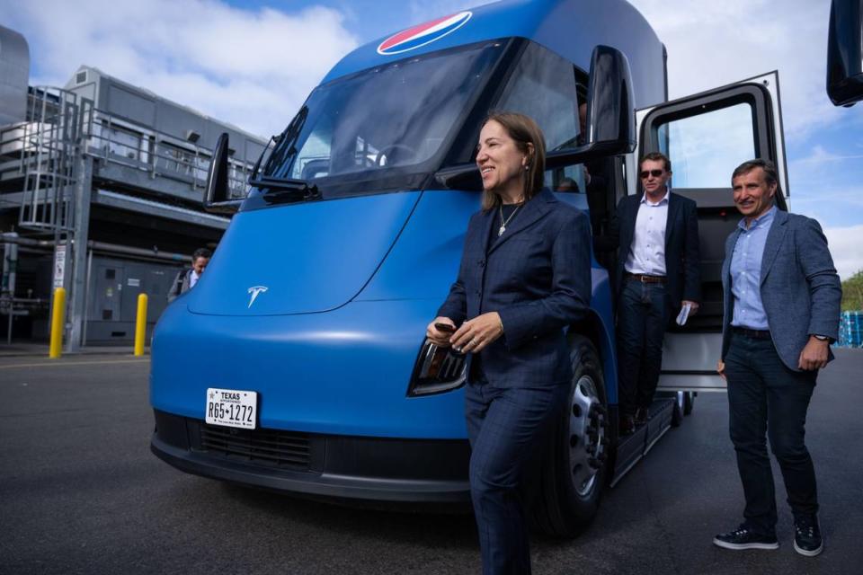 California Lt. Gov. Eleni Kounalakis walks next to a newly delivered Tesla Semi electric truck at the PepsiCo Beverages North America facility in Sacramento facility on Tuesday.