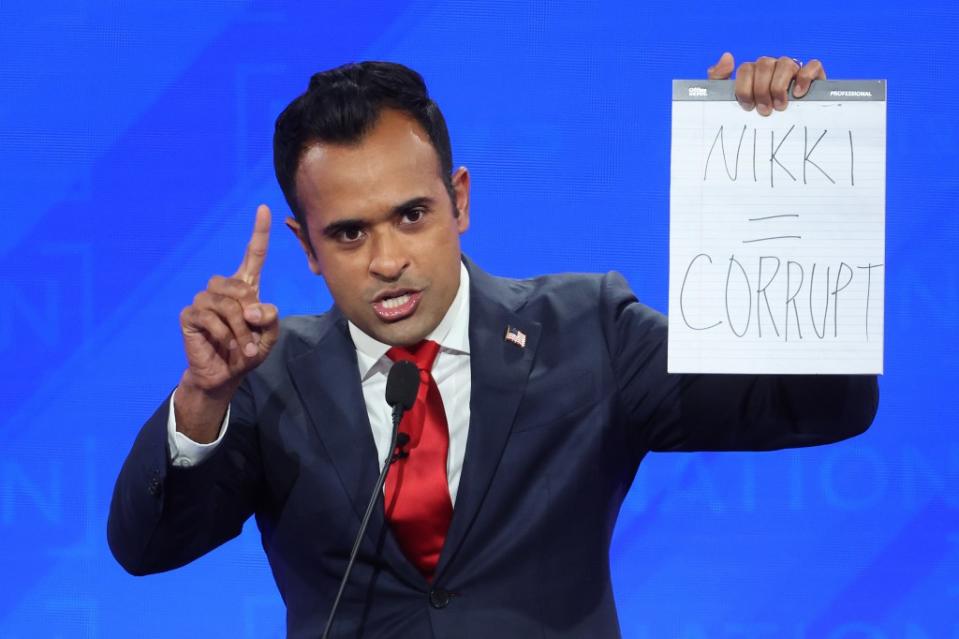 Republican presidential candidate Vivek Ramaswamy participates in the NewsNation Republican Presidential Primary Debate at the University of Alabama Moody Music Hall on Dec. 6, 2023, in Tuscaloosa, Alabama. (Photo by Justin Sullivan/Getty Images)