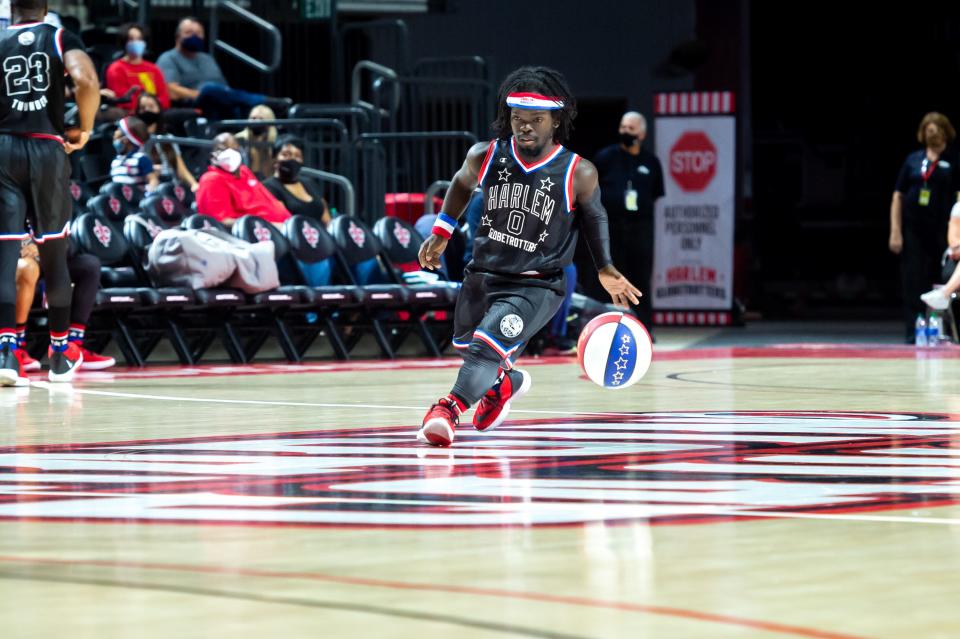 The Harlem Globetrotters perform at the Cajundome in Lafayette, La., on Sunday, Aug. 8, 2021.