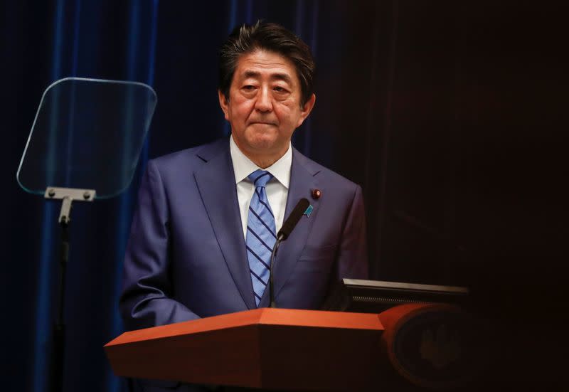 Japan's Prime Minister Shinzo Abe attends a news conference on Japan's response to the coronavirus outbreak at his official residence in Tokyo