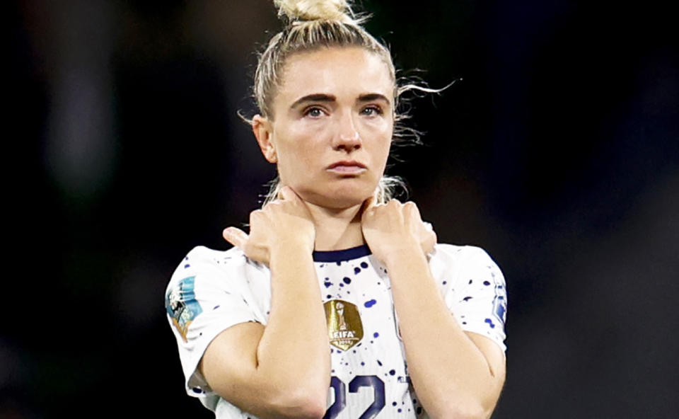 Kristie Mewis, pictured here after a USA loss at the Women's World Cup in 2023.