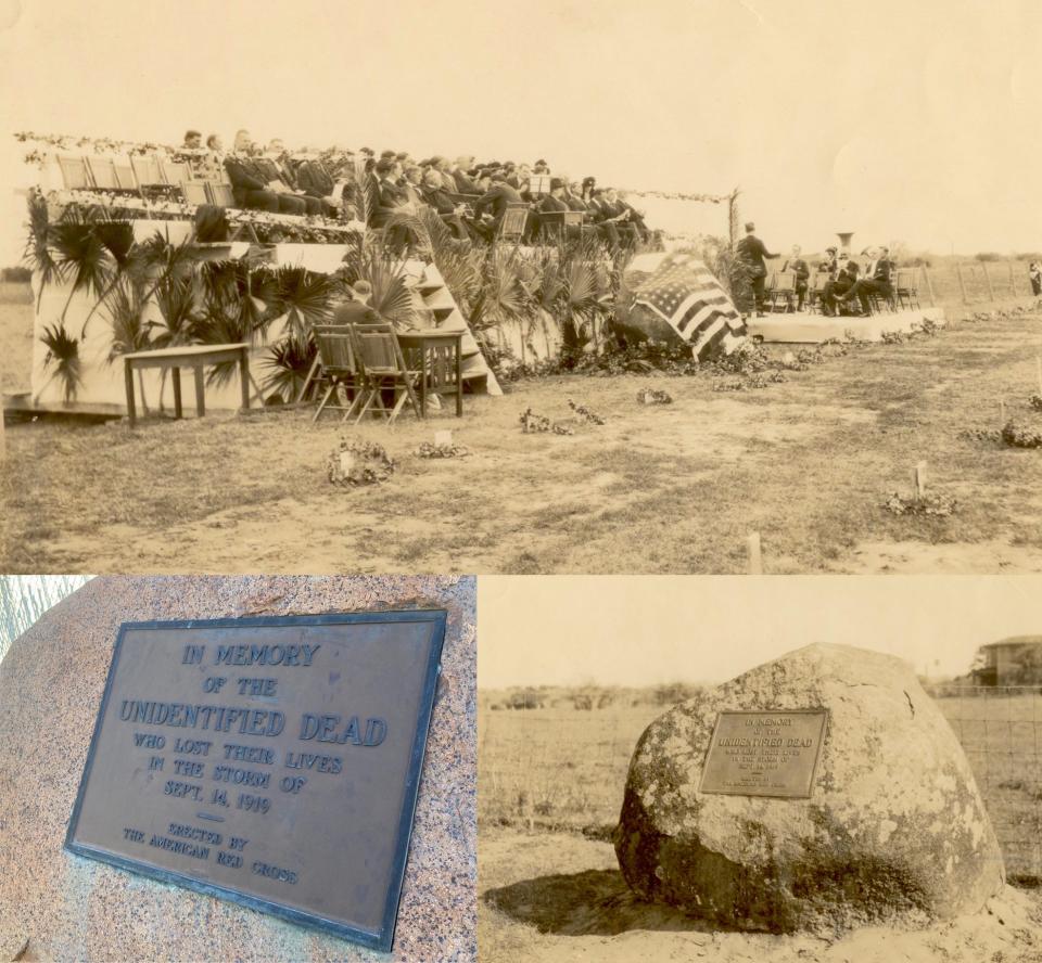 TOP: A photo from the dedication of a memorial marker at Rose Hill Cemetery on Jan. 25, 1923, dedicated to the unidentified victims of the 1919 hurricane in Corpus Christi. The Elks band played from a stand during the ceremony. Photo courtesy Corpus Christi Public Libraries. BOTTOM RIGHT: The 8-ton granite boulder at the 1923 dedication. Photo courtesy Corpus Christi Public Libraries. BOTTOM LEFT: The bronze plaque reads, "In memory of the unidentified dead who lost their lives in the storm of Sept. 14, 1919 — Erected by the American Red Cross."