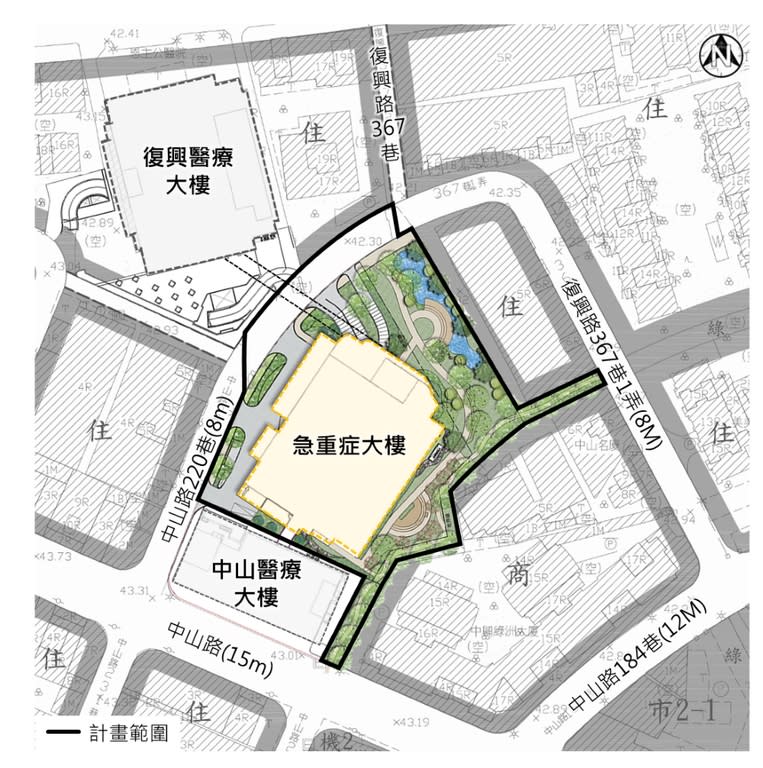 《圖說》恩主公醫院案配置示意圖。〈城鄉局提供〉