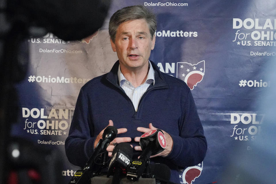 FILE - Republican U.S. Senate candidate Matt Dolan speaks to supporters during his primary election returns gathering, May 3, 2022, in Independence, Ohio. Ohio's Republican Gov. Mike DeWine parted ways with Donald Trump on Monday, March 11, 2024, and endorsed Dolan over Trump-backed businessman Bernie Moreno in the state's three-way GOP primary for a U.S. Senate seat. (AP Photo/Gene J. Puskar, File)