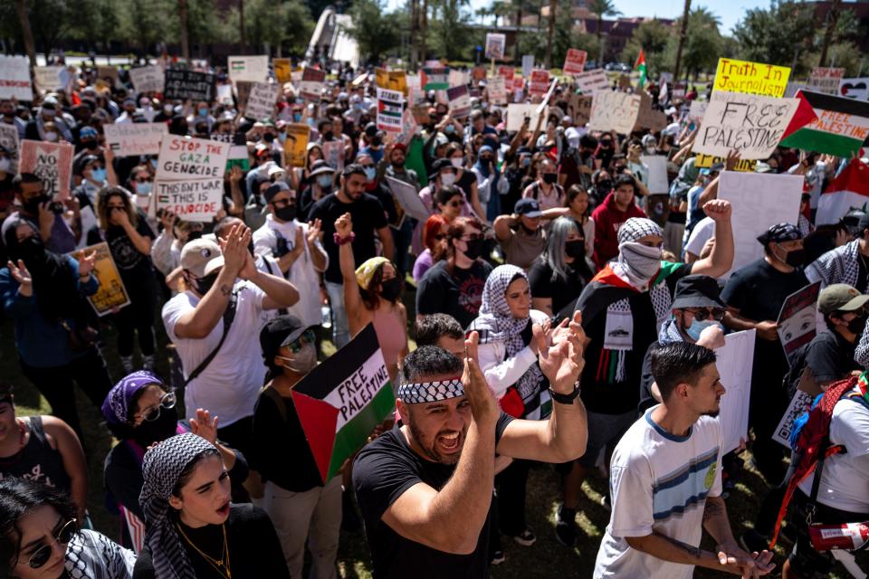 Protesters gather at Arizona State University in solidarity with Palestinians, in Tempe, on Oct. 21, 2023.