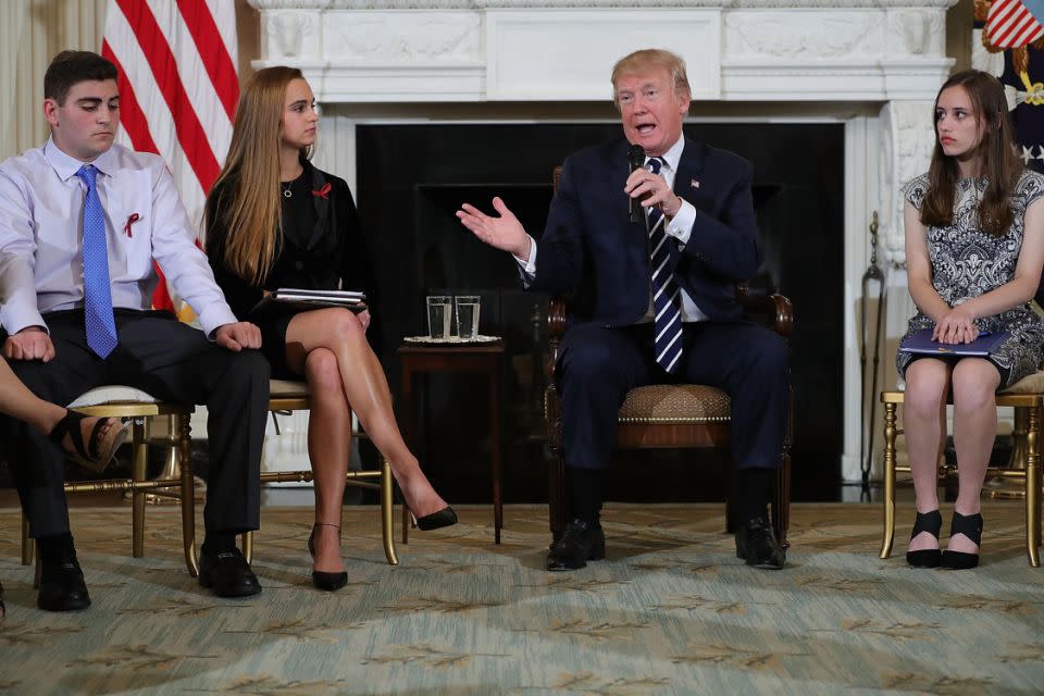 Trump was spotted wearing one of his personalised shirts during a listening session at the White House on school safety. Photo: Getty