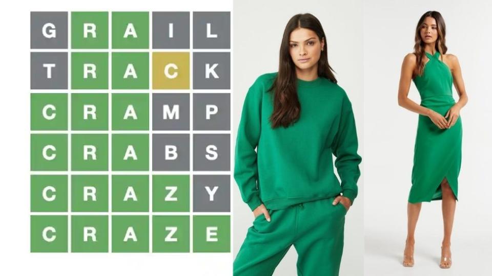 Wordle green letter board and two women wearing the same colour in a tracksuit and a slinky evening dress.