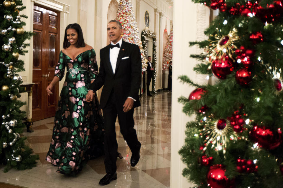 <a href="http://www.huffingtonpost.com/entry/michelle-obama-kennedy-center-honors_us_5845978fe4b028b323385c73">Wearing Gucci </a>at the Kennedy Center Honors in Washington, D.C. on Dec. 4.
