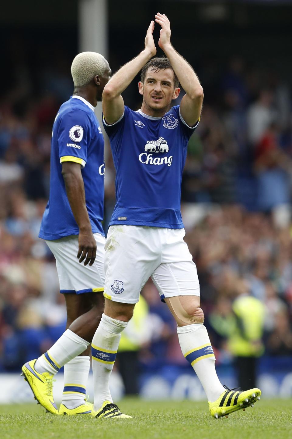 Football Soccer Britain - Everton v Stoke City - Premier League - Goodison Park - 27/8/16 Everton's Leighton Baines applauds fans after the match Action Images via Reuters / Ed Sykes Livepic EDITORIAL USE ONLY. No use with unauthorized audio, video, data, fixture lists, club/league logos or "live" services. Online in-match use limited to 45 images, no video emulation. No use in betting, games or single club/league/player publications. Please contact your account representative for further details.