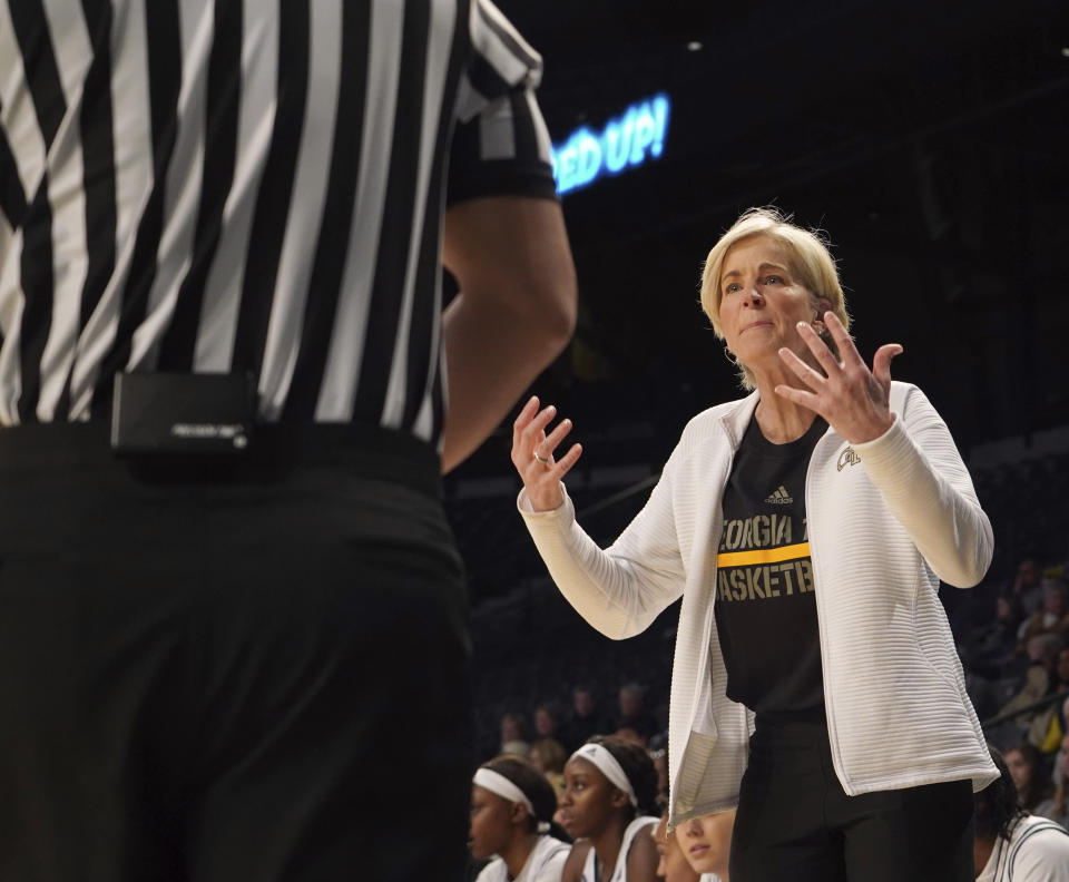 Georgia Tech head coach Nell Fortner reacts to the referee after a call during an NCAA college basketball game against Louisville during the first half Thursday, Feb. 20, 2020, in Atlanta, Ga(AP Photo/Tami Chappell)