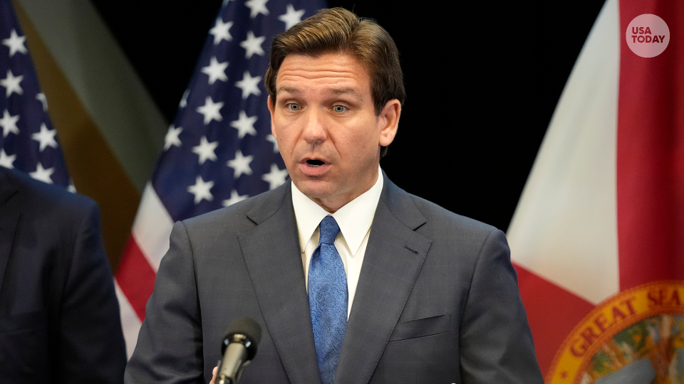 Florida Gov. Ron DeSantis speaks at a news conference at the Reedy Creek Administration Building.