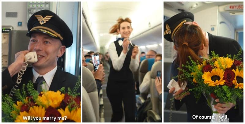 波蘭航空一班客機上演一幕浪漫求婚場面，駕駛航班的機長漢克向乘客廣播到一半時，單膝下跪向同機的空姐女友寶拉求婚。(波蘭航空fb影片截圖)