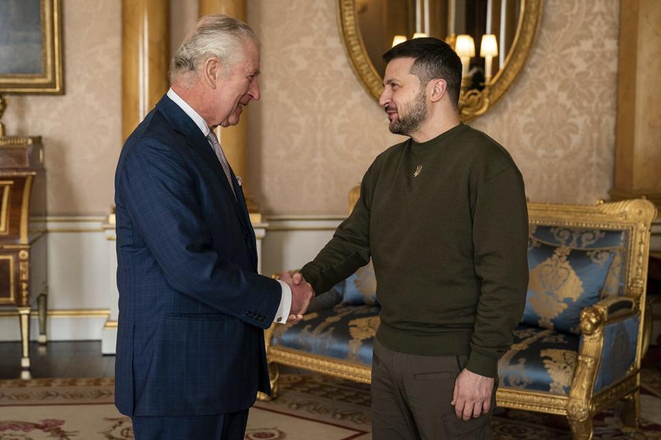 King Charles III holds an audience with Ukrainian President Volodymyr Zelensky at Buckingham Palace, London