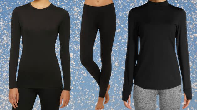 CuddlDuds' stretch microfiber warm long underwear, CuddlDuds stretch microfiber base layer leggings and a CuddlDuds plush warmth mock neck base layer top.