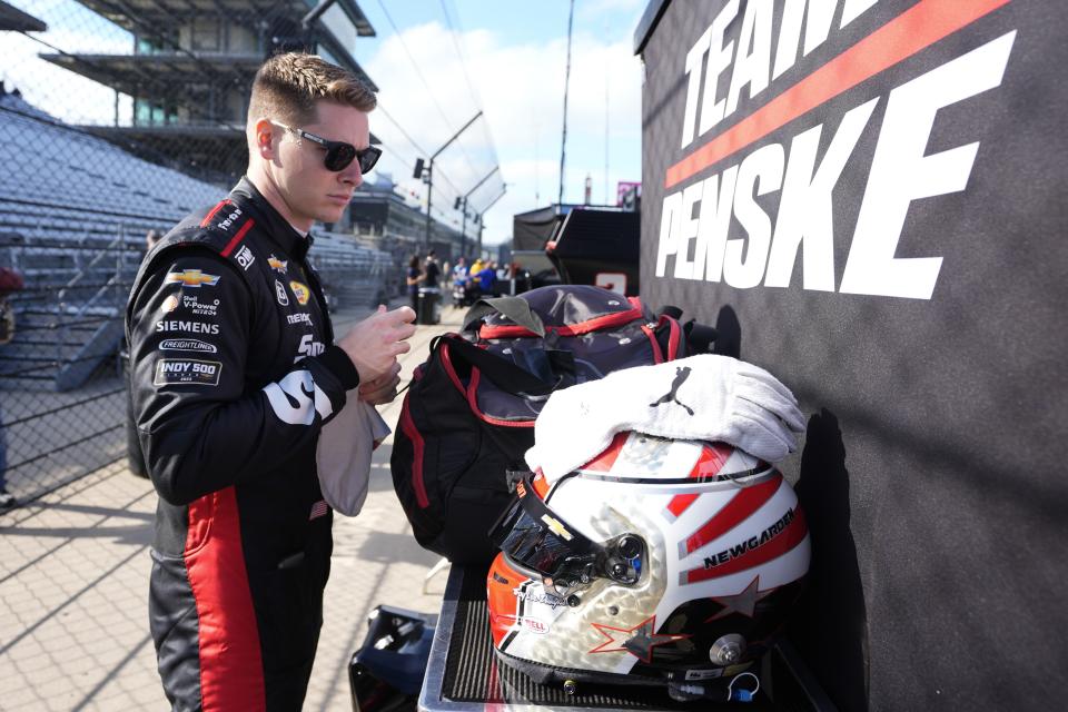 Josef Newgarden prepares to drive during a practice session for the IndyCar Grand Prix auto race at Indianapolis Motor Speedway, Friday, May 10, 2024, in Indianapolis. (AP Photo/Darron Cummings)