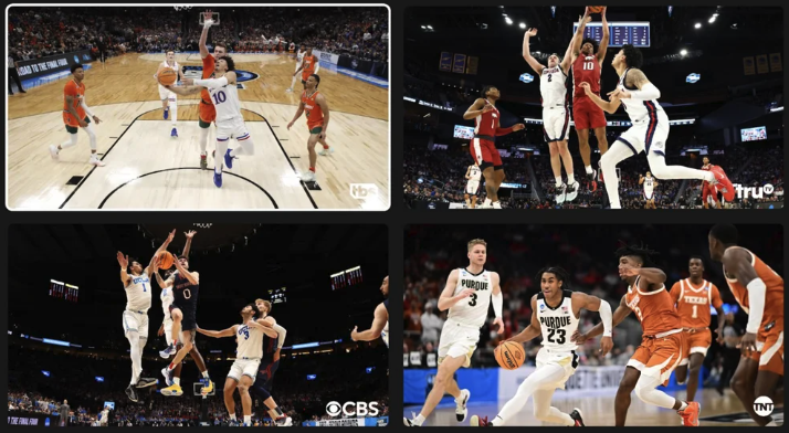 A 2 by 2 grid of four college basketball games is seen in YouTube TV's multiview mode.