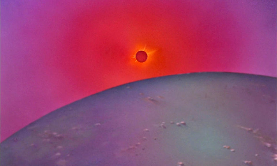 A still from the Disney classic "Fantasia, The Rite of Spring" featuring a total solar eclipse. <cite>Disney</cite>