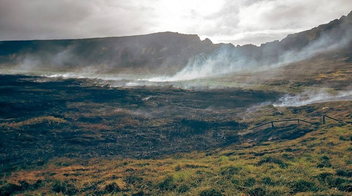 The crater on Easter Island after the fire was contained.