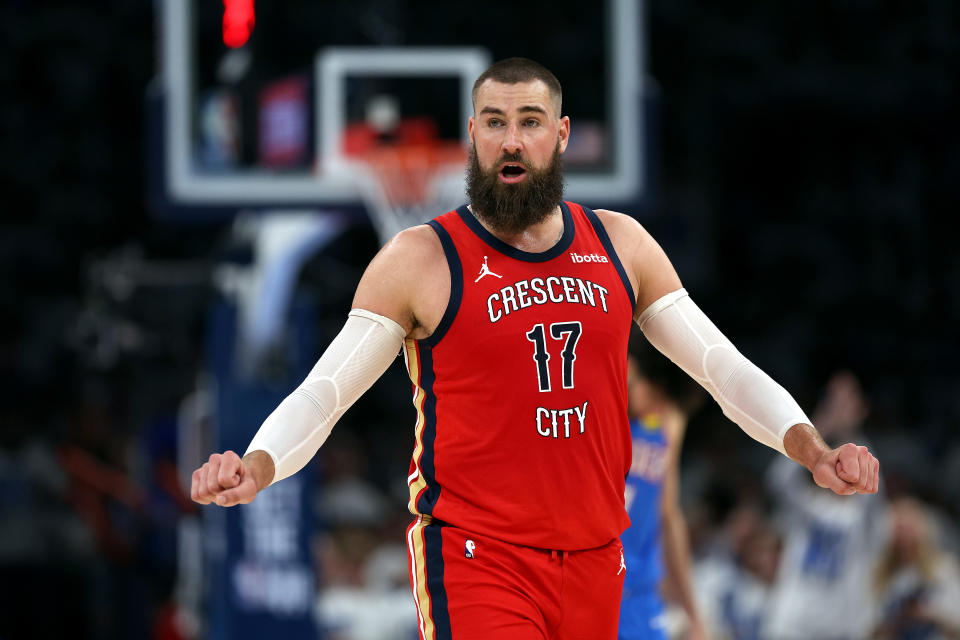 OKLAHOMA CITY, OKLAHOMA - APRIL 24:  Jonas Valanciunas #17 of the New Orleans Pelicans reacts after a foul during game two of the first round of the NBA playoffs against the Oklahoma City Thunder at Paycom Center on April 24, 2024 in Oklahoma City, Oklahoma. (Photo by Jamie Squire/Getty Images)