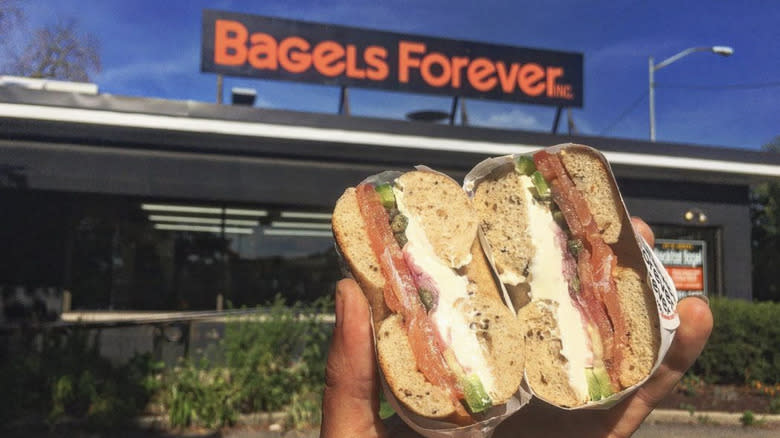 Bagels Forever sandwich with sign