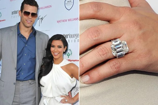 <p>Pascal Le Segretain/Getty ; Kevin Mazur/Getty</p> Kim Kardashian and Kris Humphries arrive to attend the AmberLounge Fashion Monaco 2011 on May 27, 2011. ; Kim Kardashian ring detail.