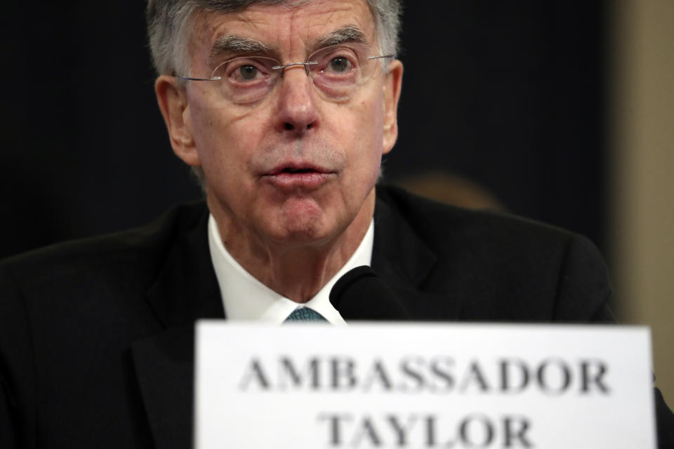 Top U.S. diplomat in Ukraine William Taylor testifies before the House Intelligence Committee on Capitol Hill in Washington, Wed., Nov. 13, 2019. (AP Photo/Andrew Harnik)                                               