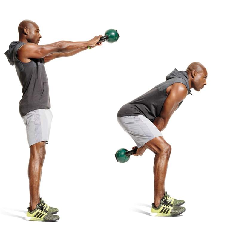 <p>James Michelfelder</p>How to Do It<ol><li>Stand with feet a bit wider than hip-width apart, to start.</li><li>Grab a kettlebell by the handle with both hands, keeping your palms facedown and arms in front of your body.</li><li>Hinge your hips back, tilt the kettlebell's handle toward you, then in one fluid motion, explosively drive the kettlebell between your legs, then extend through your hips to swing the kettlebell up, keeping glutes and core engaged. Let momentum guide the kettlebell back down.</li><li>That's 1 rep. Perform 4 x 20 reps.</li></ol>
