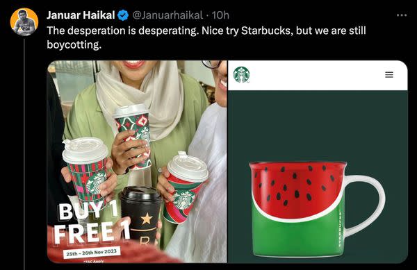 Users on X claimed that Starbucks had released a new watermelon mug as a way of showing support to Palestinians and to cool down boycott efforts against the company.