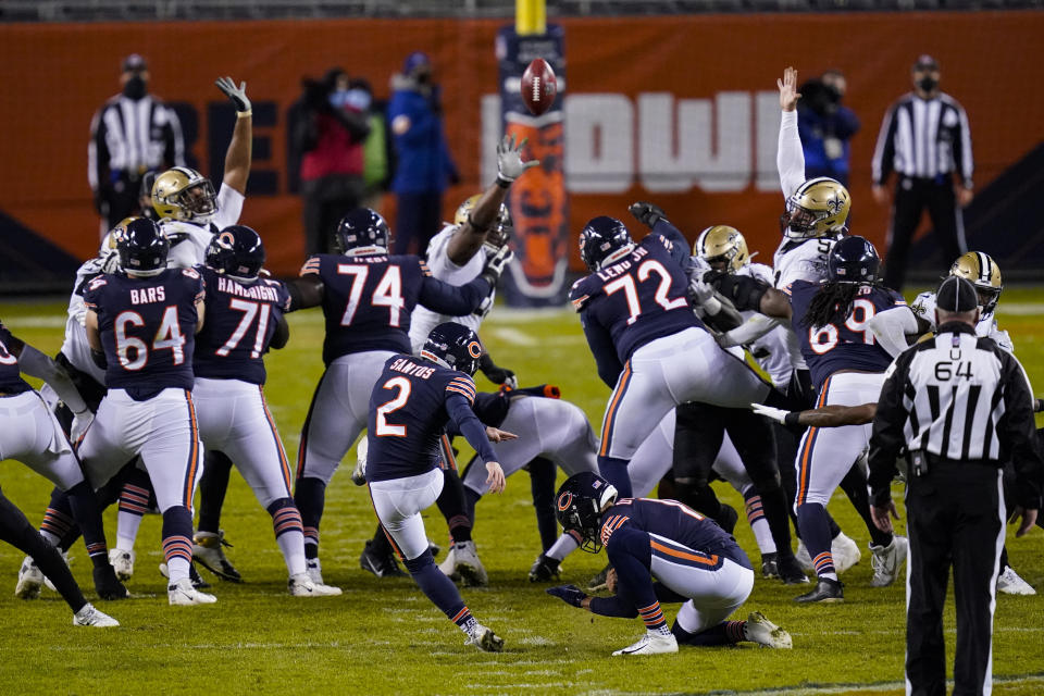 Chicago Bears kicker Cairo Santos (2) kicks a field goal to tie the game with the New Orleans Saints in the closing seconds of the second half of an NFL football game in Chicago, Sunday, Nov. 1, 2020. (AP Photo/Charles Rex Arbogast)