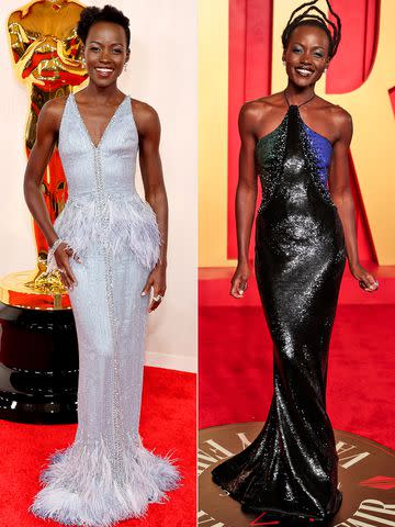 <p>Mike Coppola/Getty Images; Christopher Polk/Variety via Getty Images</p> Lupita Nyong'o at the 2024 Oscars (left) and the 2024 'Vanity Fair' Oscar Party.