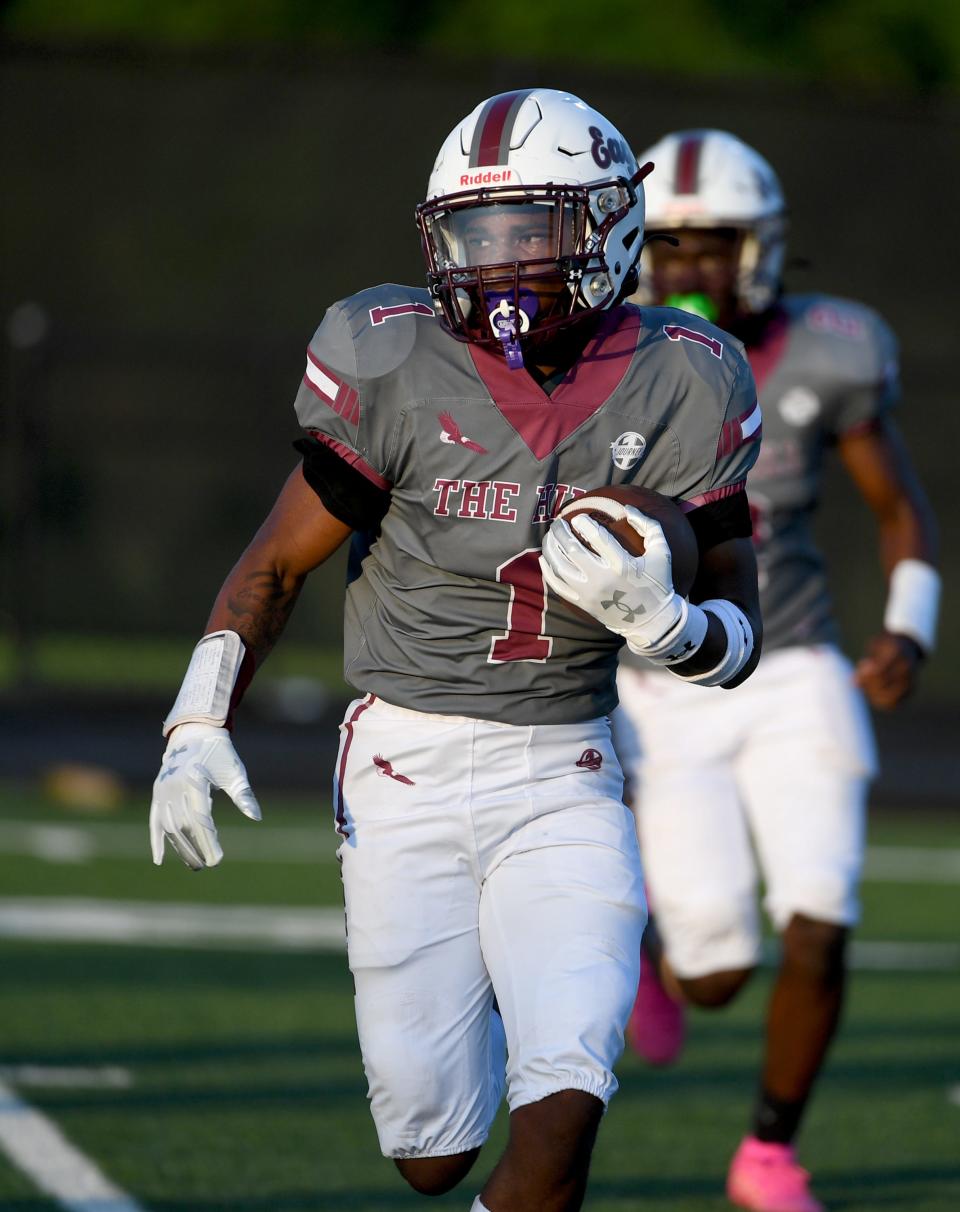 Snow Hill's Jahki Boulware (1) rushes against Nandua Friday, Sept. 8, 2023, at Kelly Shumate Stadium in Snow Hill, Maryland. Snow Hill defeated Nandua 26-23.