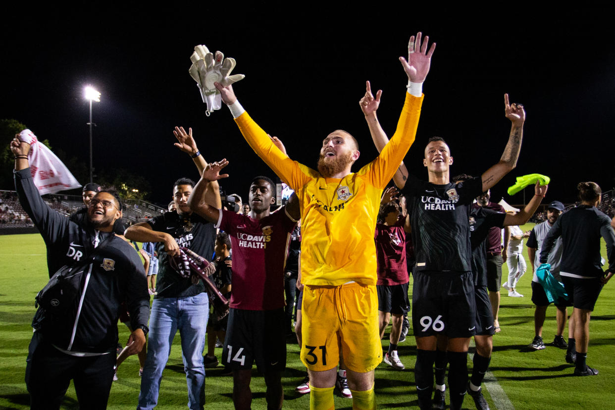 SACRAMENTO, CA - JULY 27: Sacramento Republic FC celebrates after U.S. Open Cup Semifinal game between Sporting Kansas City and Sacramento Republic FC at Heart Health Park on July 27, 2022 in Sacramento, California. (Photo by Erin Chang/ISI Photos/Getty Images)