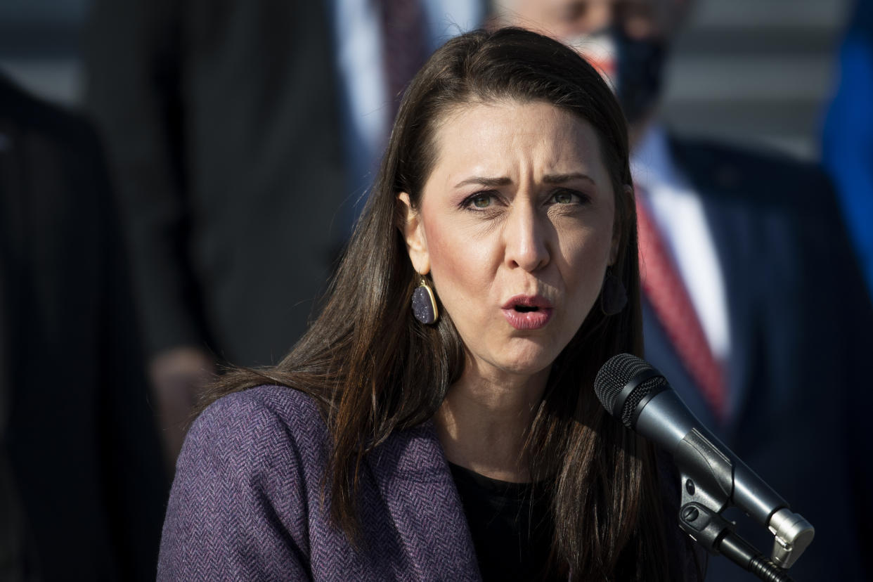 Rep. Jaime Herrera Beutler, R-Wash., joined by other House Republicans, speaks during a news conference on the House steps in Washington on Thursday, Dec. 10, 2020. (Caroline Brehman/CQ-Roll Call, Inc via Getty Images)