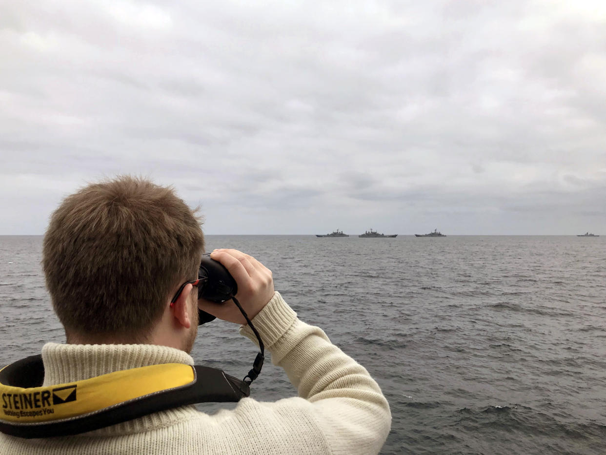 HMS Tyne officer observes the Russian warships (Royal Navy/PA)