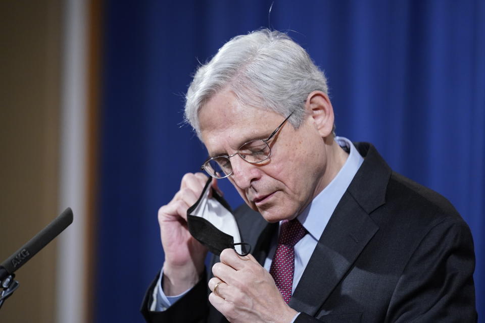 Attorney General Merrick Garland arrives to speak about a jury's verdict in the case against former Minneapolis Police Officer Derek Chauvin in the death of George Floyd, at the Department of Justice, Wednesday, April 21, 2021 in Washington. (AP Photo/Andrew Harnik, Pool)