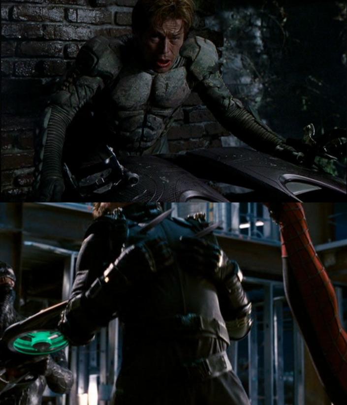 In the top image: Norman Osborn&#39;s death in &quot;Spider-Man.&quot; In the bottom image: Harry Osborn&#39;s death in &quot;Spider-Man 3.&quot;