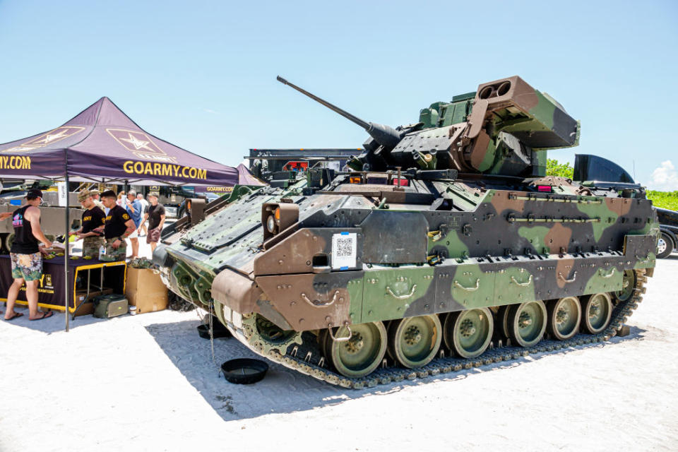 A Bradley Fighting Vehicle is displayed at a show in Miami Beach, Florida<span class="copyright">Jeffrey Greenberg—Universal Images Group/Getty Images</span>