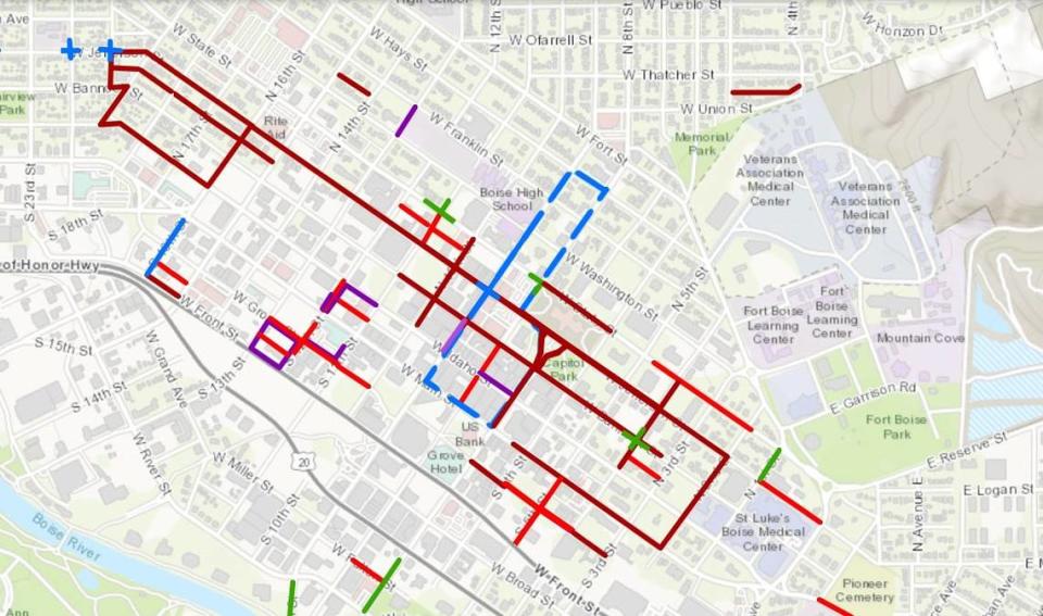 The Ada County Highway District’s Roadwork in The Area map from Nov. 15 shows street closures and lane restrictions. Red indicates closure, maroon shows pending closures, green are lane restrictions and blue are pending lane restrictions. Purple indicates pending information.