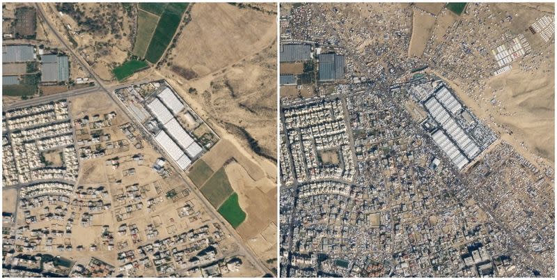 FILE PHOTO: A combination photo shows satellite images of the streets of Rafah before and after migration