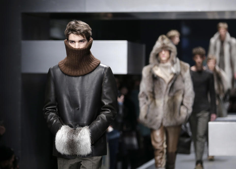 A model wears a creation for Fendi men's Fall-Winter 2013-14 collection, part of the Milan Fashion Week, unveiled in Milan, Italy, Monday, Jan. 14, 2013. (AP Photo/Antonio Calanni)