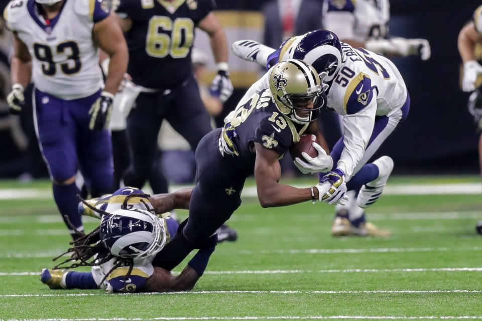 <p>New Orleans Saints’ Michael Thomas is tackled on November 04, 2018 in the first half at the Mercedes-Benz Superdome in New Orleans, LA. (Photo by Stephen Lew/Icon Sportswire via Getty Images) </p>